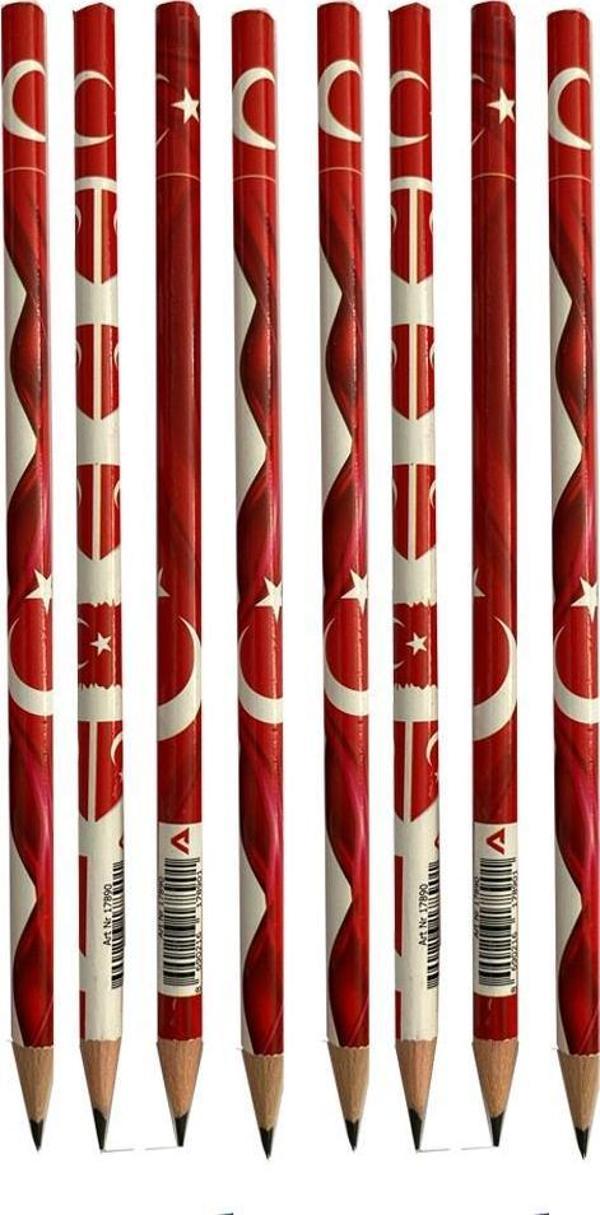 Türk Bayraklı Yuvarlak Kurşun Kalem 8 Adet 1 Paket Fatih Kurşun Kalem 2B Siyah Kurşun Kalem  Desenli 2 B Kalem - Image 1