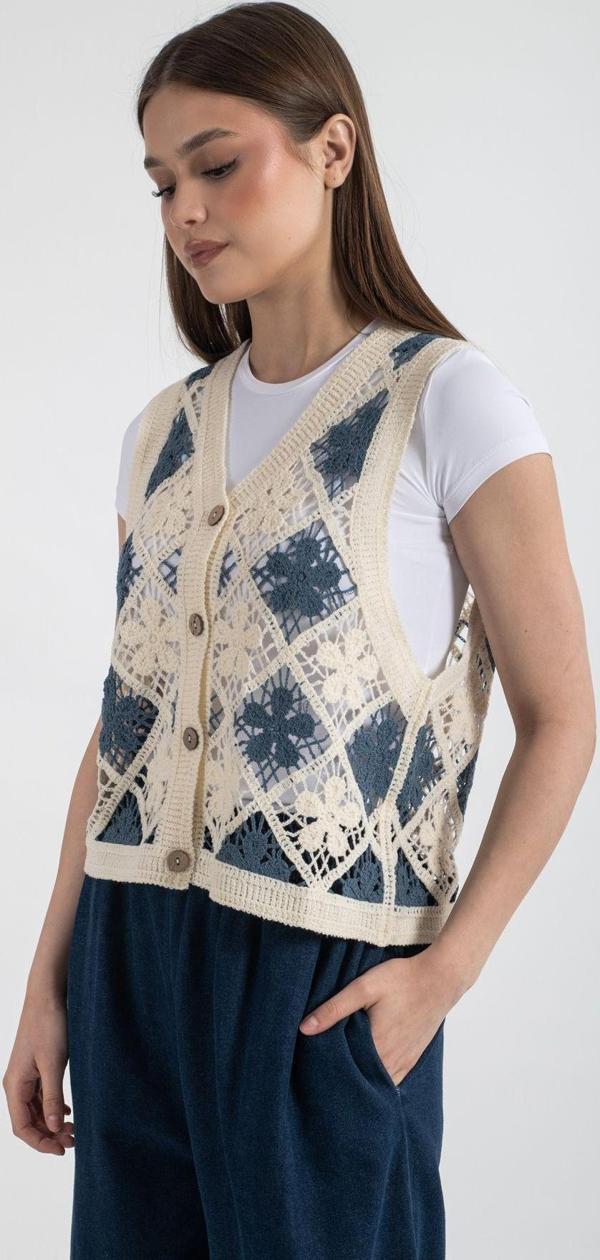 Hatun Atila Hatunatila Kadın Karo Desenli Akrilik Süzene Yelek Indigo - 5151 - Image 1