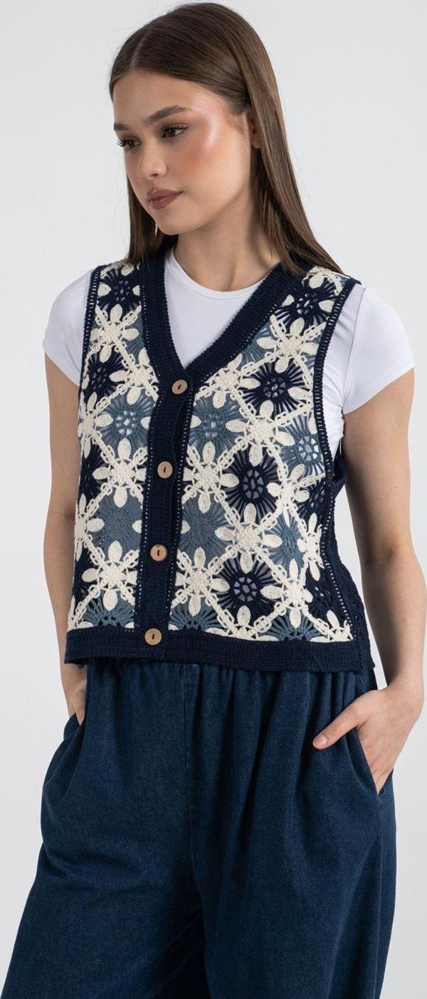 Hatun Atila Hatunatila Kadın Çiçek Desenli Akrilik Süzene Yelek Lacivert - 5154 - Image 1