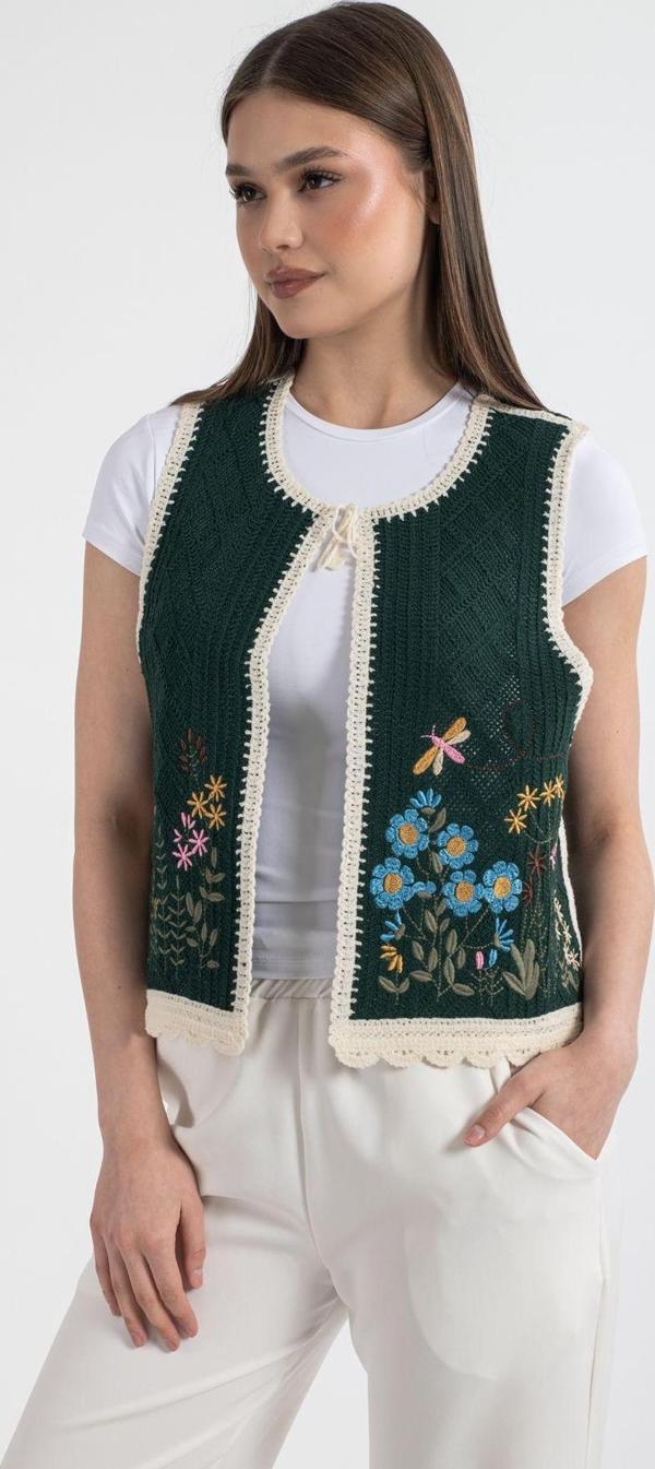 Hatun Atila Hatunatila Kadın Çiçek Desenli Akrilik Süzene Yelek Zümrüt - 5136 - Image 1