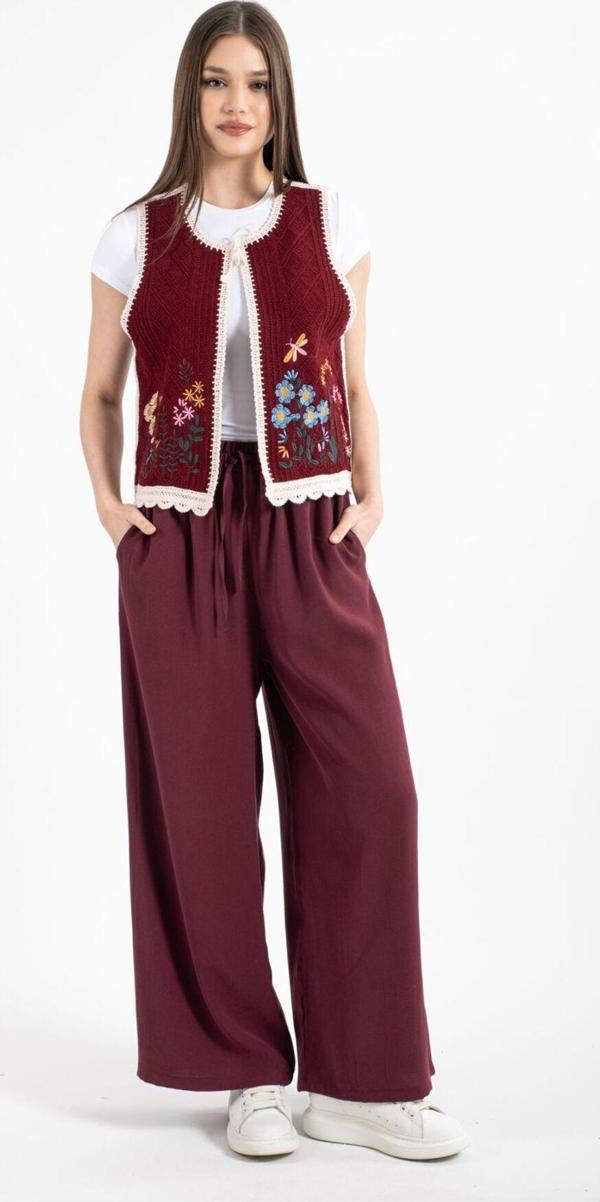 Hatun Atila Kadın Bordo Bisiklet Yaka Bağcıklı Işlemeli Süzene Nakış Yelek - Image 1