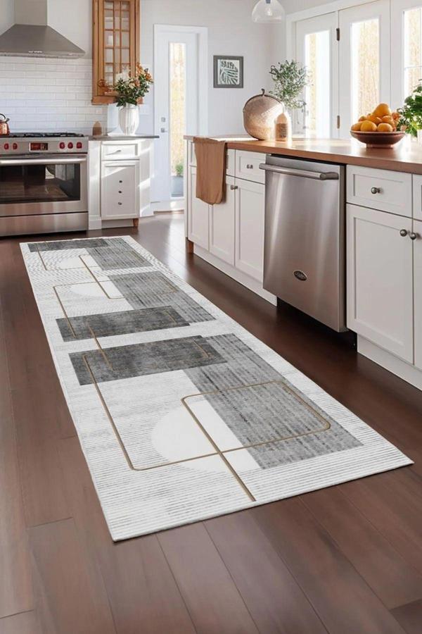 Krm Dünya Ürünleri Gri Detaylı  Dijital Baskı Leke Tutmaz Kaymaz Taban  Salon Halısı Mutfak Halısı Ve Yolluk - Image 1