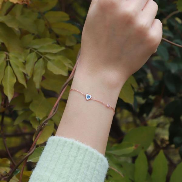 Kalp Figürlü Zirkon Taşlı Mine İşli Rose Gold Kaplama Gümüş Bileklik - Image 1