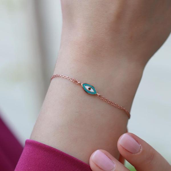 Mine İşli Göz Model Çift Zincirli Rose Gold Kaplama Gümüş Bileklik - Image 1