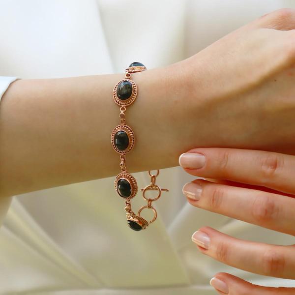 Oval Onix Taşlı Rose Gold Gümüş Bileklik - Image 1