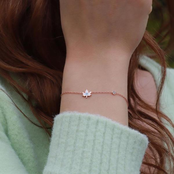 Yaprak Figürlü Zirkon Taşlı Mine İşli Rose Gold Kaplama Gümüş Bileklik - Image 1
