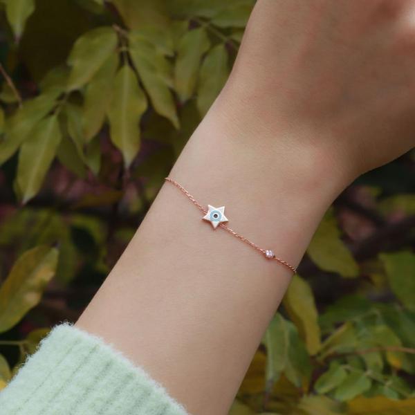 Yıldız Figürlü Zirkon Taşlı Mine İşli Rose Gold Kaplama Gümüş Bileklik - Image 1