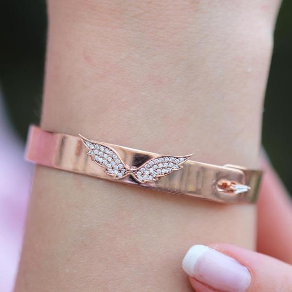 Zirkon Taşlı Rose Gold Kaplama Melek Gümüş Kelepçe - Image 1
