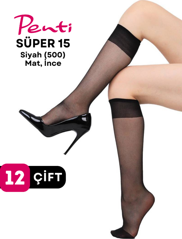 Penti Süper 15 Den Mat İnce Diz Altı Çorap Siyah/Black (500) 12 Çift - Image 1