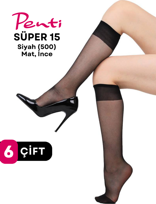 Penti Süper 15 Den Mat İnce Diz Altı Çorap Siyah/Black (500) 6 Çift - Image 1