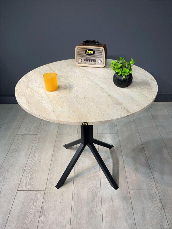 Hey Saray Traverten Yuvarlak Mutfak Yemek Masası Balkon Masası Metal Siyah Ayak 80 Cm - Image 1