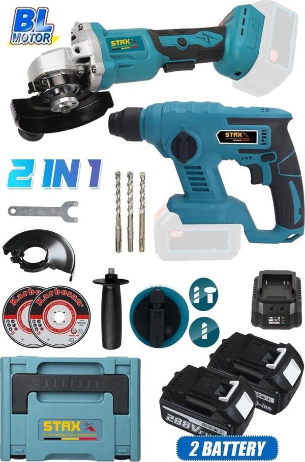 Staxx Power Super Combo Bl Motor Çift Akülü Muhteşem 2'Li Şarjlı Kırıcı Şarjlı Taşlama Setli Çantalı 58Vf 2000Ah - Image 1