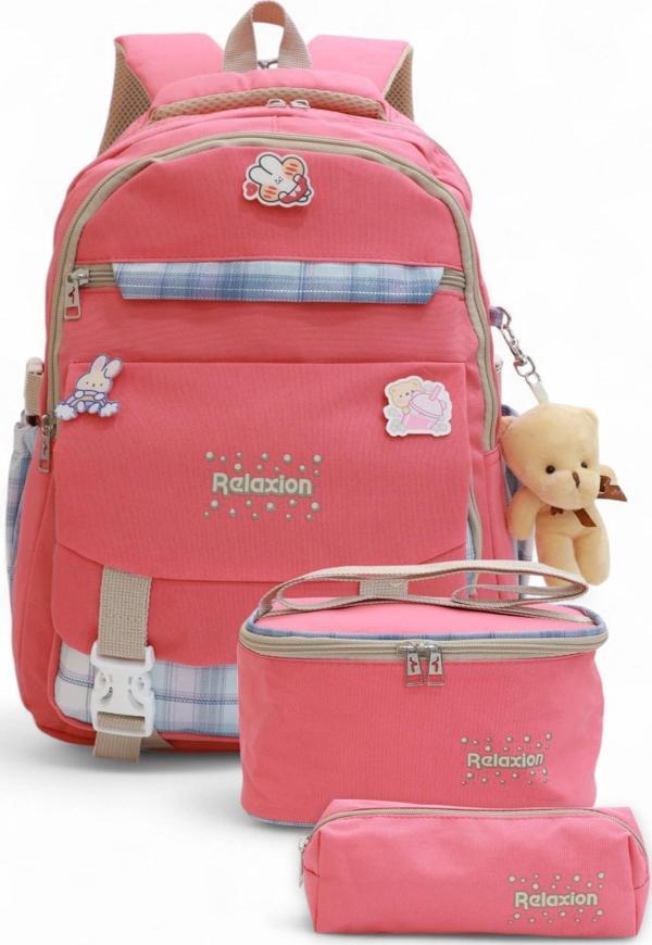 Relaxion 2144-1396 Kore Tarzı Unisex Çocuk Üçlü Set İlkokul Sırt Çantası - NKT02144-PEMBE-TEKEBAT - Image 1