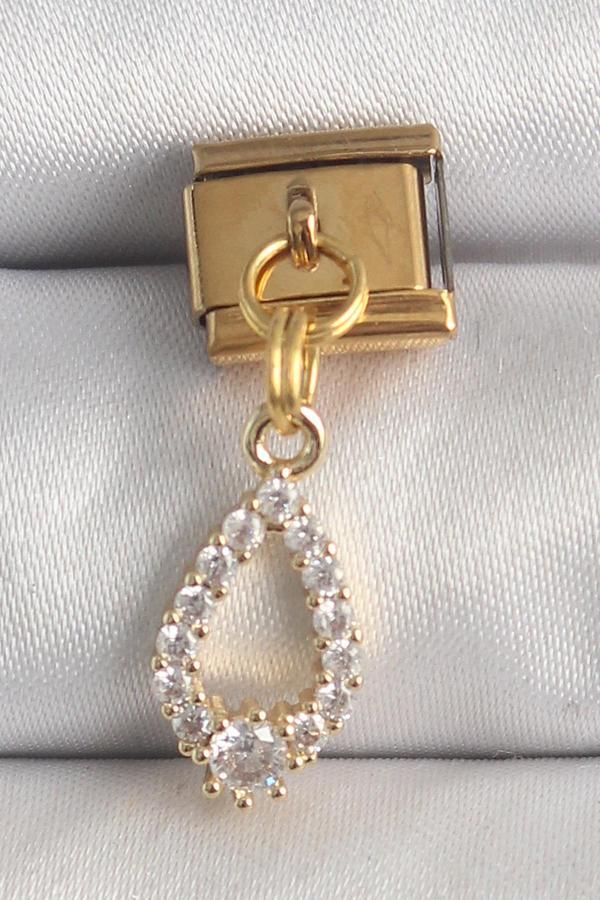 316L Çelik Gold Renk Sallantı Zirkon Taşlı Damla Model Nomination Charm - Image 1