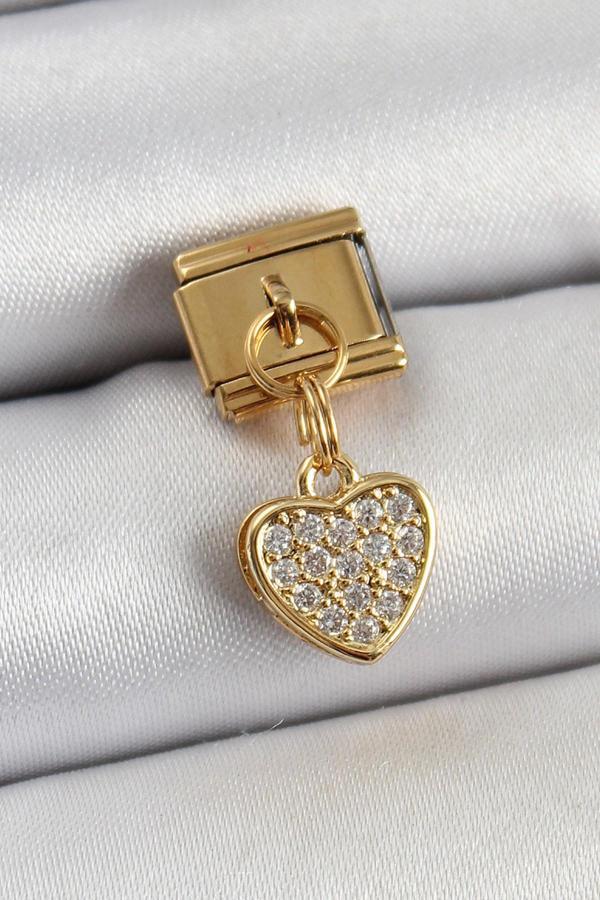 316L Çelik Sallantılı Zirkon Taşlı Kalp Model Gold Renk Nomination Charm - Image 1
