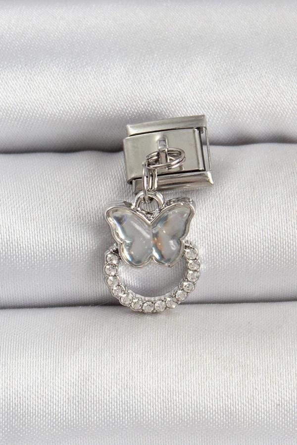 316L Çelik Gümüş Renk Taşlı Kelebek Model Nomination Charm - Image 1