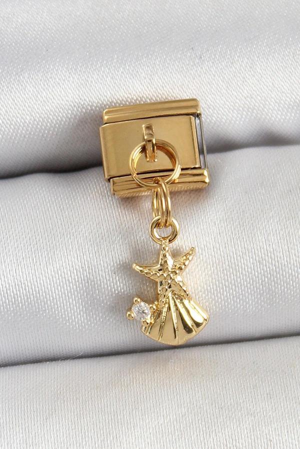 316L Çelik Sallantılı Zirkon Taşlı Deniz Yıldızı Ve İstiridye Model Gold Renk Nomination Charm - Image 1