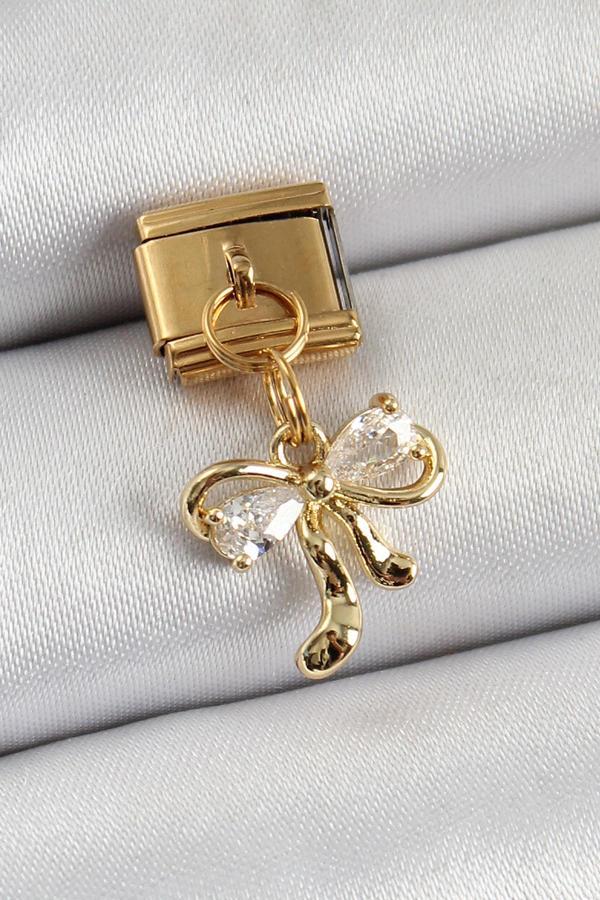 316L Çelik Sallantılı Zirkon Taşlı Fiyonk Model Gold Renk Nomination Charm - Image 1