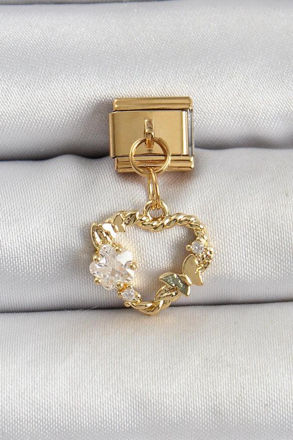 316L Çelik Sallantılı Zirkon Taşlı Kalp Model Gold Renk Nomination Charm - Image 1