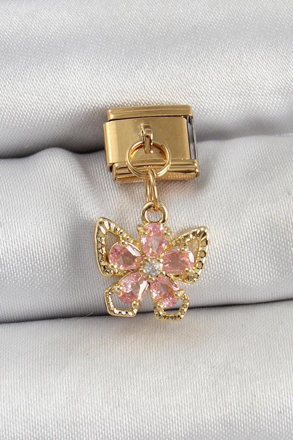 316L Çelik Sallantılı Zirkon Taşlı Çiçek Figürlü Kelebek Model Gold Renk Nomination Charm - Image 1