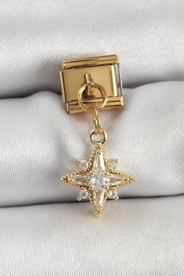 316L Çelik Sallantılı Zirkon Taşlı Kutup Yıldızı Model Gold Renk Nomination Charm - Image 1