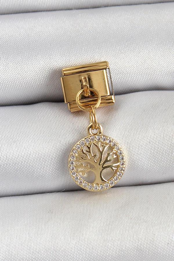 316L Çelik Sallantılı Zirkon Taşlı Hayat Ağacı Model Gold Renk Nomination Charm - Image 1