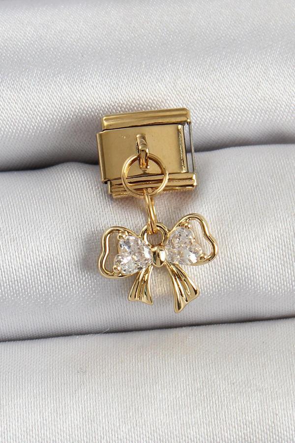 316L Çelik Sallantılı Zirkon Taşlı Fiyonk Model Gold Renk Nomination Charm - Image 1