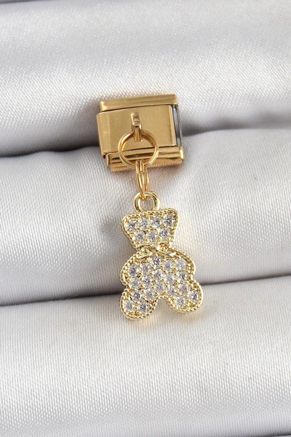 316L Çelik Sallantılı Zirkon Taşlı Ayıcık Model Gold Renk Nomination Charm - Image 1