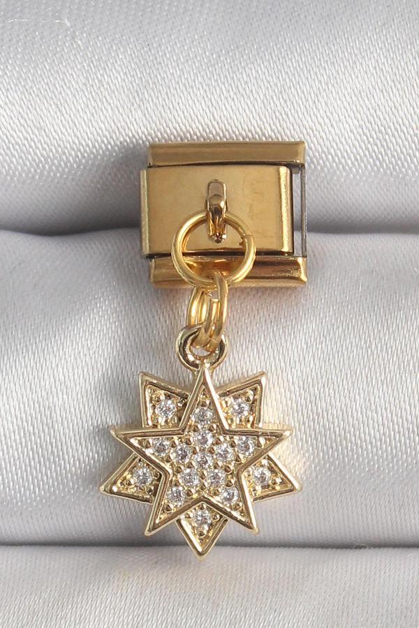 316L Çelik Gold Renk Sallantı Zirkon Taşlı Yıldız Model Nomination Charm - Image 1