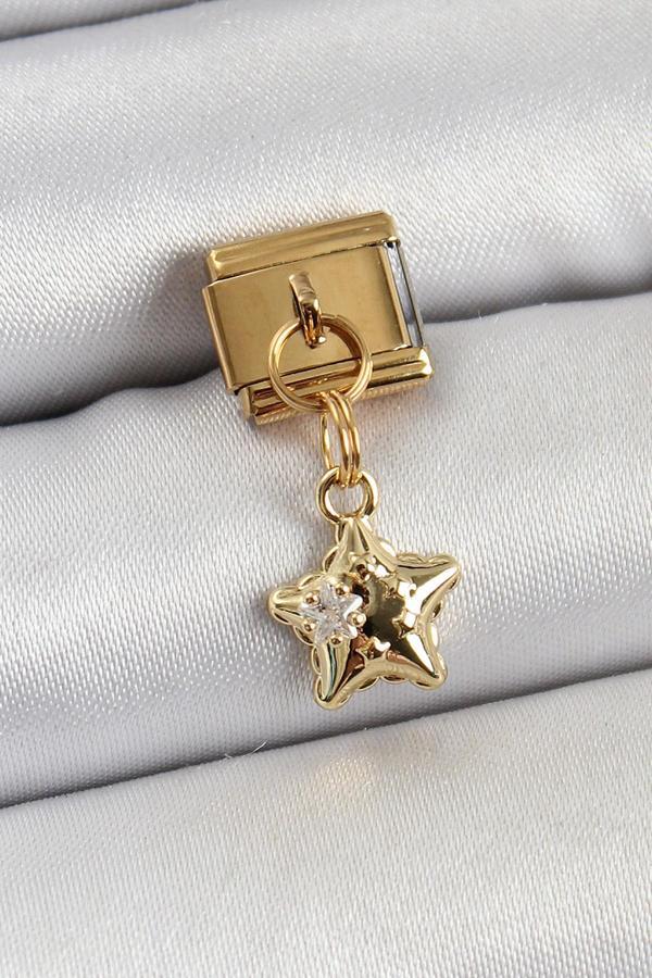316L Çelik Sallantılı Zirkon Taşlı Yıldız Model Gold Renk Nomination Charm - Image 1