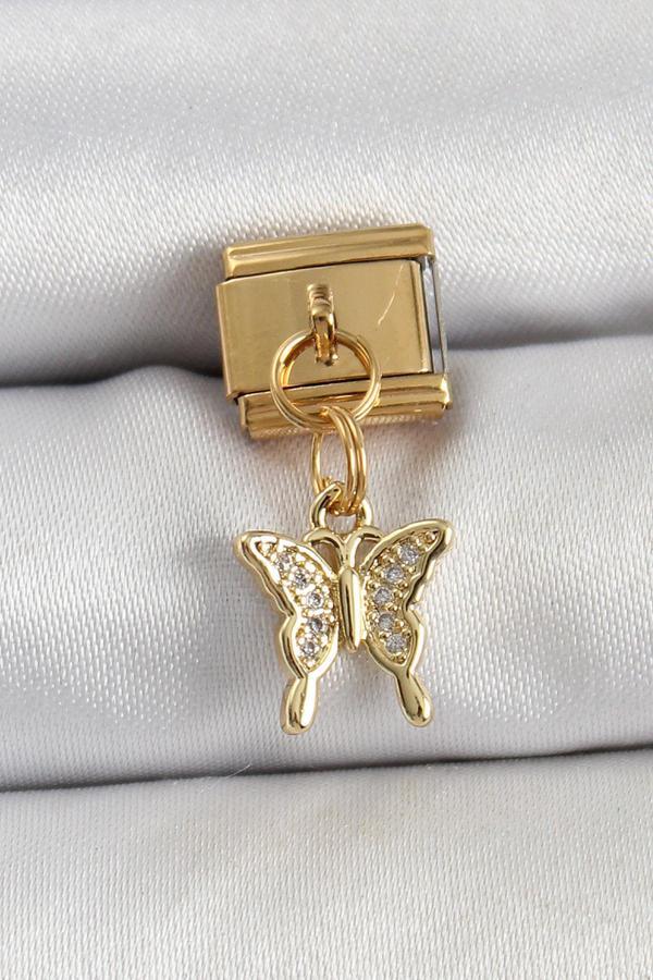 316L Çelik Sallantılı Zirkon Taşlı Kelebek Model Gold Renk Nomination Charm - Image 1