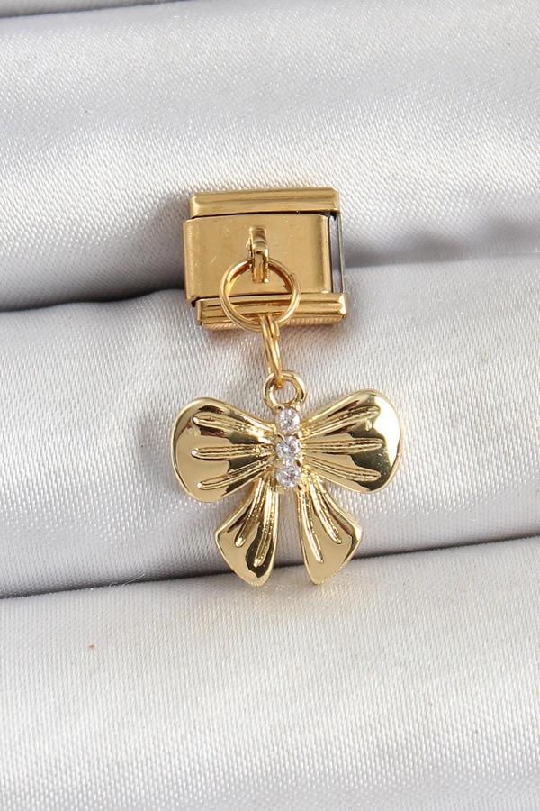 316L Çelik Sallantılı Zirkon Taşlı Fiyonk Model Gold Renk Nomination Charm - Image 1