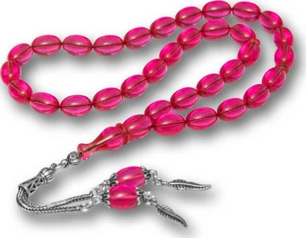 Gümüş Püsküllü Pembe Ateş Kehribar Tesbih SL12273 - Image 1