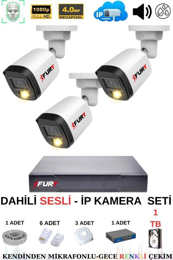 FURY Ip Güvenlik Kamera Seti 3 Kameralı Sesli 4mp Gece Renkli Su Geçirmez Ip5515s 1tb - Image 1