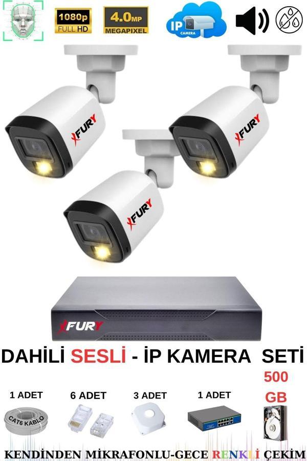 FURY Ip Güvenlik Kamera Seti 3 Kameralı Sesli 4mp Gece Renkli Su Geçirmez Ip5515s 500gb - Image 1