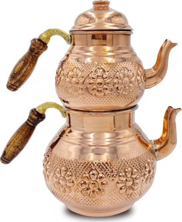 Tomurcukhome Bakır Çaydanlık Takımı Büyük Ahşap Saplı - Image 1