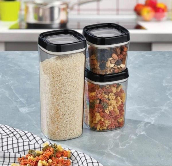Tomurcukhome Erzak Saklama Kabı 3Lü Set Silikonlu Sızdırmaz Kapak 1800 Ml 1000 Ml 600 Ml Siyah - Image 1
