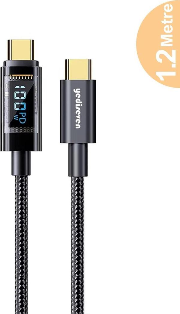 Yediseven Type C To Type C 100WATT Hızlı Şarj Data Kablosu Dijital Ekranlı Siyah 1.2 Metre - Image 1