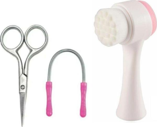 True Touch Çift Taraflı Yüz Temizleme Fırçası Tüy Alma Yayı Ve Çelik Kaş Makası - Image 1