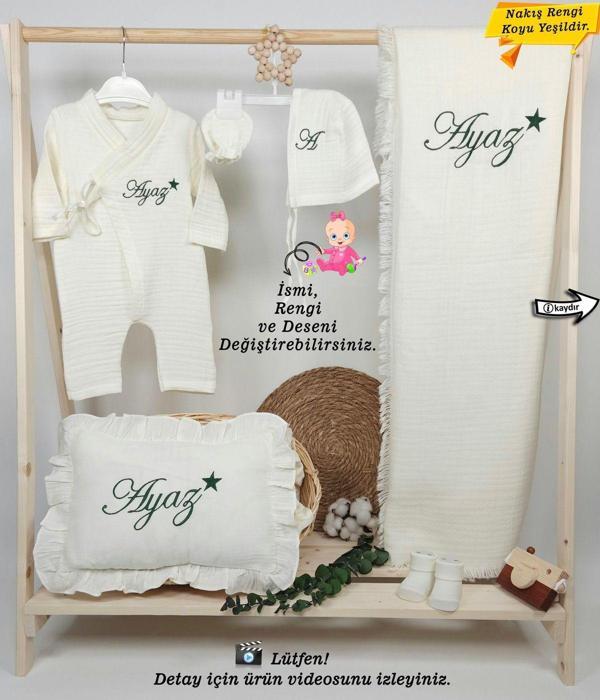 4Katlı Müslin 6'li Kimono Bağcıklı %100Pamuk Hastane Çıkışı-Hediye(Kişiye Özgü İsimli Nakış Desenli - Image 1