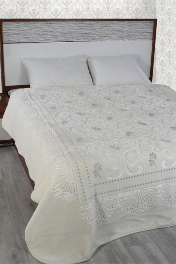 Merinos Pırıltı Çift Kişilik Embos Vizon Battaniye Kemik Silver - Image 1