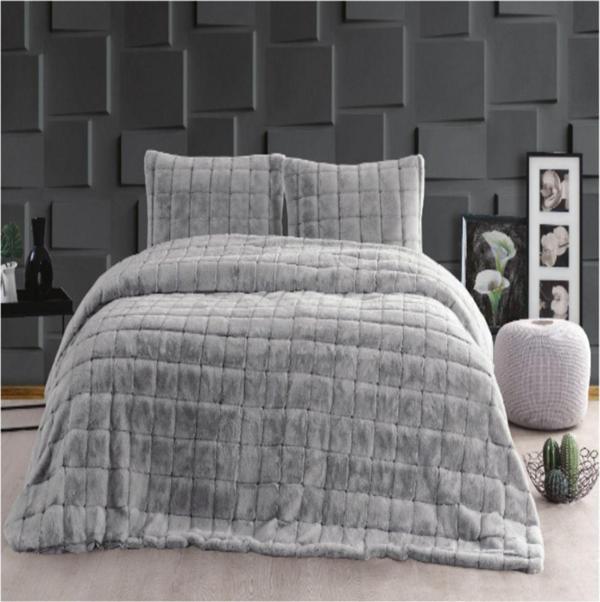 Merinos Luxe Çift Kişilik Yatak Örtüsü Seti - Gri Kareli Model - Image 1