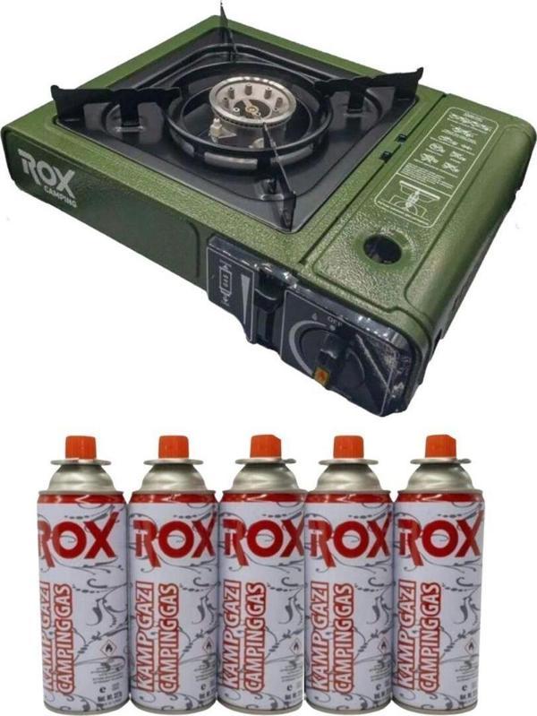 153ROX0188 Tekli Portatif Kamp Ocak - Haki Yeşil, Rüzgarlıklı, Ekstra Gaz Girişli, 5 adet gaz - Image 1