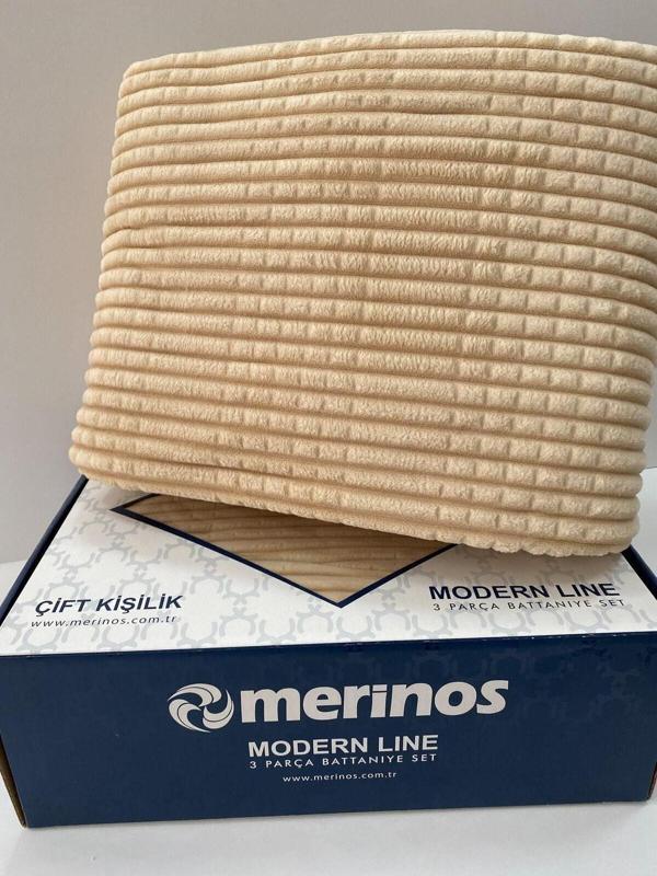 Merinos Modern Line 3 Parça Battaniye Seti - Bej - Image 1