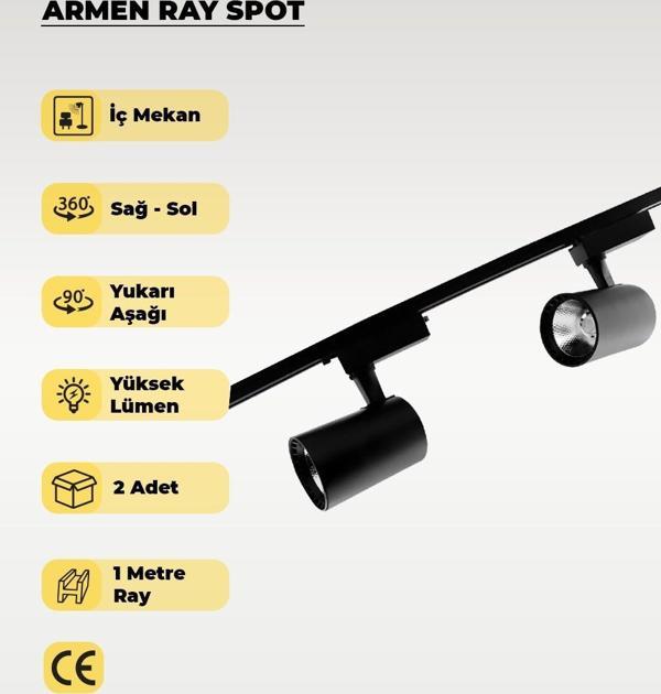 Armen 2 Adet Siyah Kasa Beyaz Işık Ray Spot Set  ve 1 Metre Ray Set - Image 1