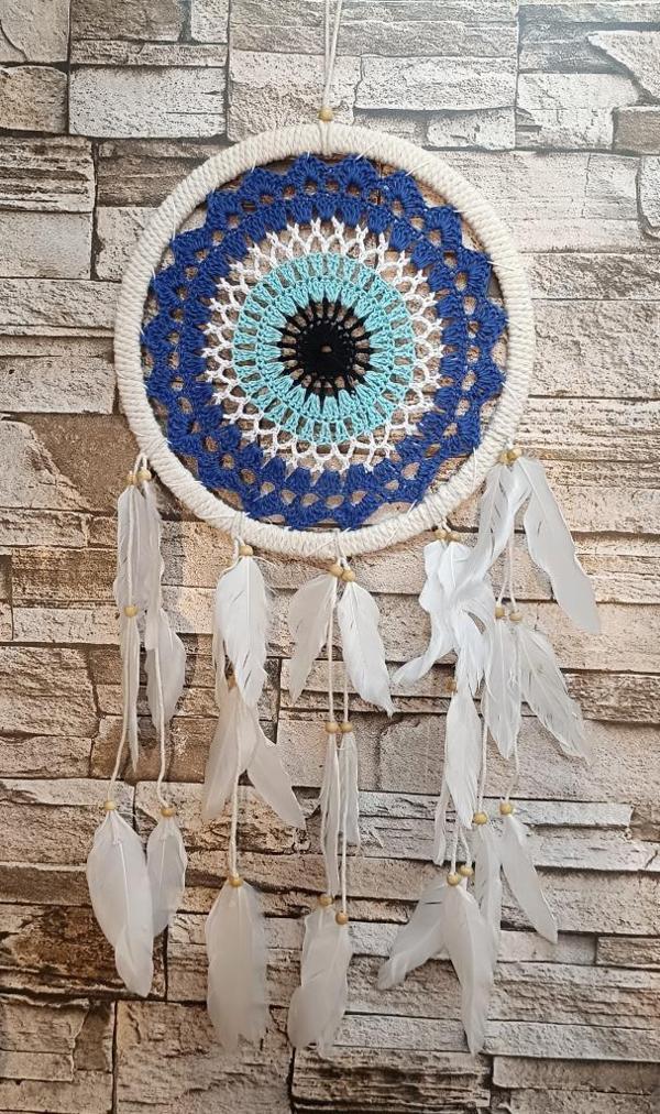 Düş Kapanı Makrome Dreamcatcher Nazar Boncuk Kuş Tüyü Rüya Kapanı Duvar Süsü Elişi - Image 1