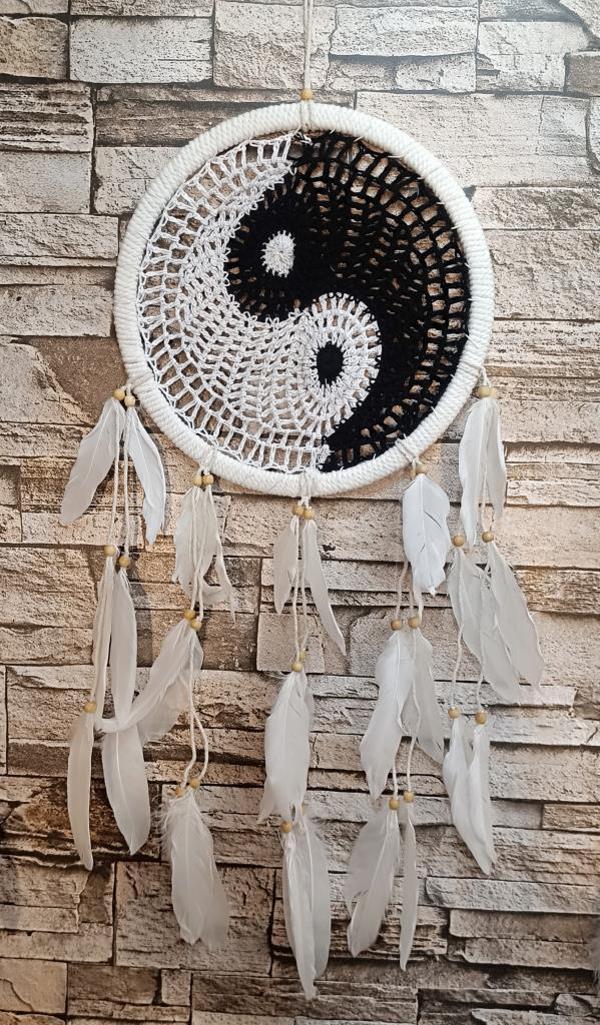 Düş Kapanı Makrome Dreamcatcher Yin Yang Kuş Tüyü Rüya Kapanı Duvar Süsü Elişi - Image 1