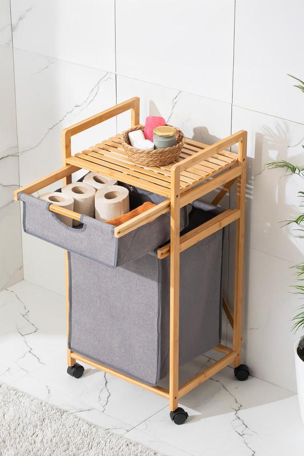 Porsima 2064 Tekerlekli Ahşap Bambu Kirli Sepetli 2 Raflı Çok Amaçlı Banyo Düzenleyici Organizer Banyo Dolabı Kirli Çamaşır Sepeti Organizeri - Image 1