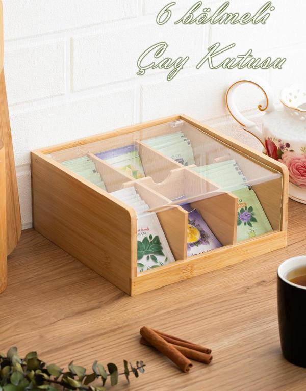 Porsima Home 005 Ahşap Bambu 6 Bölmeli Organizer Poşet Çay Kutusu Sallama Çay Kutusu - Image 1