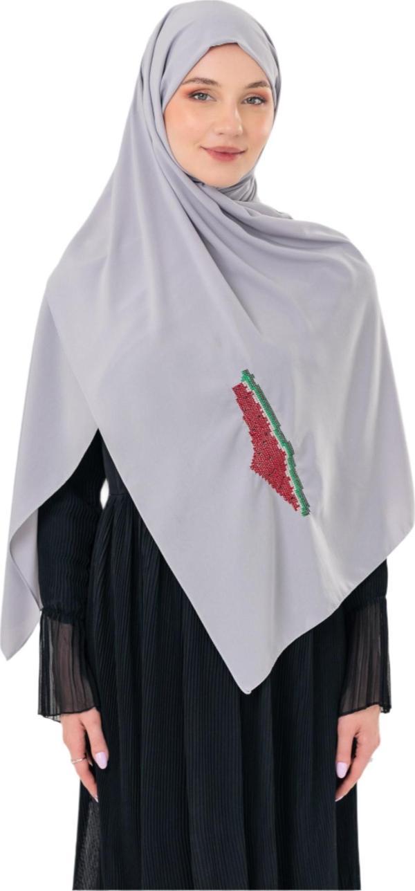 Polyster Gri Rengi Şal Filistin Haritası Karpuz Renkler İle Nakışlı S100036 - Image 1